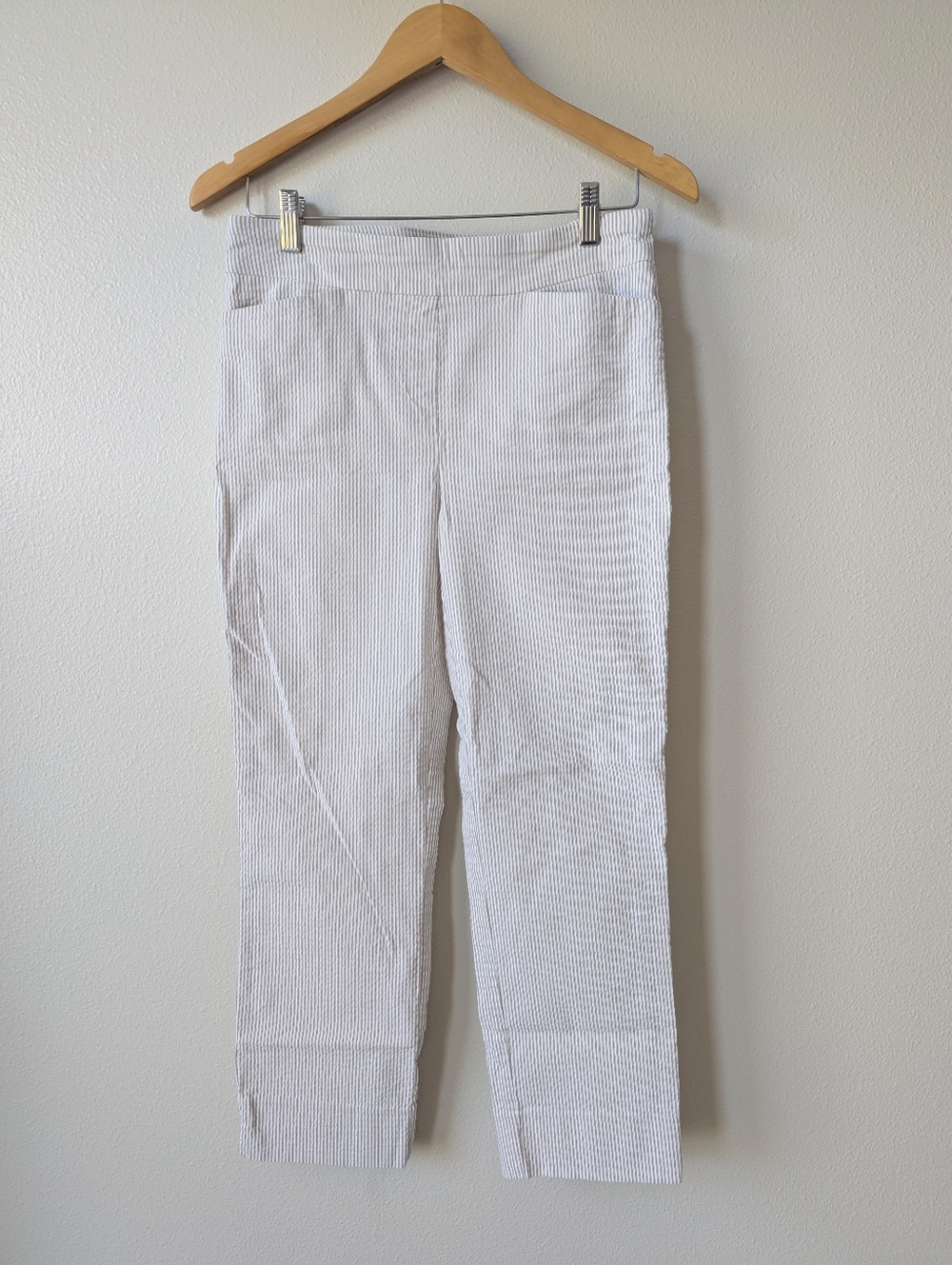Hilary Radley Striped Pull On Cropped Pants in White & Tan Size M